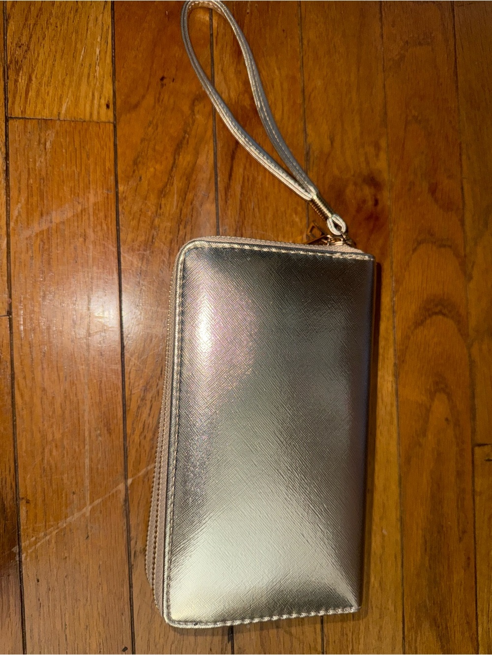 Metallic Silver Wristlet Clutch with Zip and Strap
